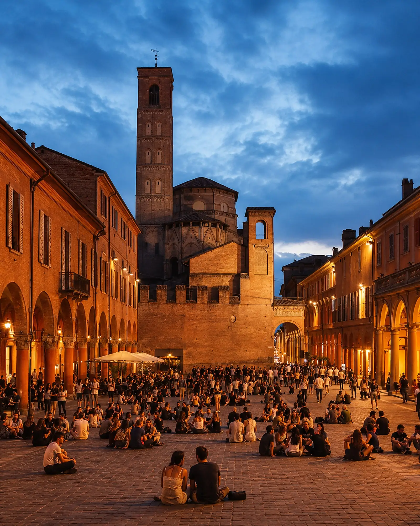 Piazza Verdi a Bologna durante la sera